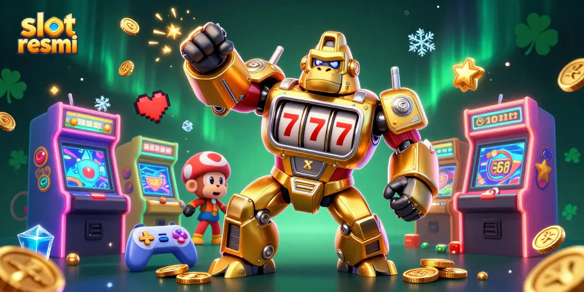 Mainkan slot resmi dengan gorila emas dan mesin arcade penuh koin yang memukau.