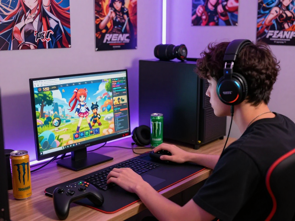 Engaged player enjoying hentai games on a laptop in a cozy gaming room.