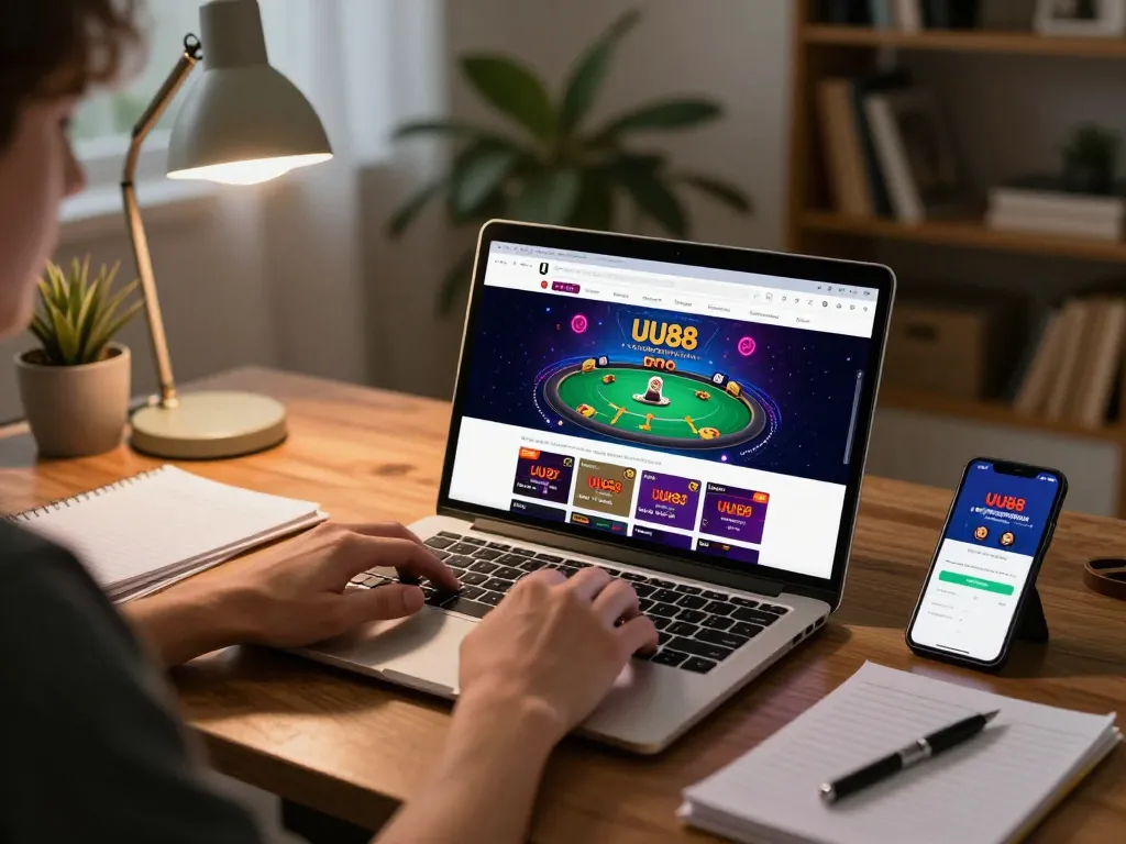 Setting up for responsible gambling at trang chủ UU88 with a laptop displaying poker options and notes beside a smartphone.