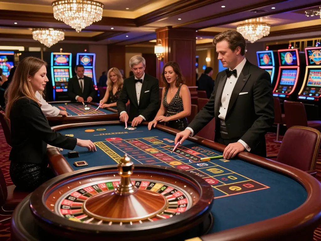 Engaged players at an okfun casino roulette table, highlighting a dynamic betting scene in a luxurious environment.
