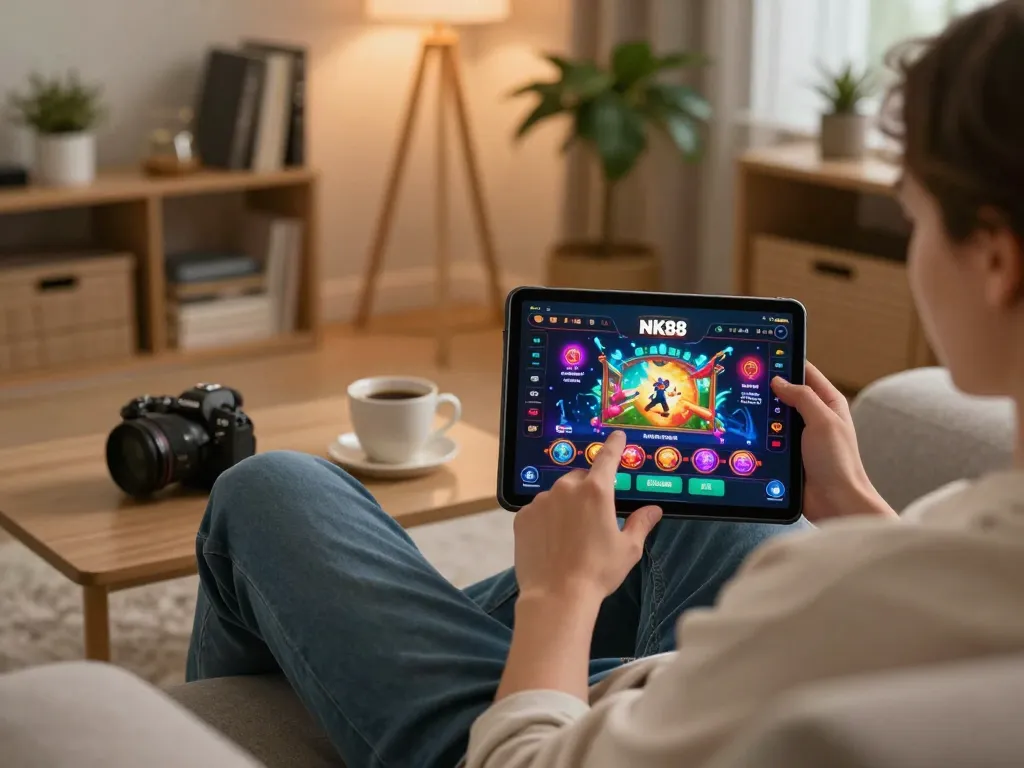 Engaging with the NK88 online casino platform on a tablet at home, showcasing a cozy gaming atmosphere