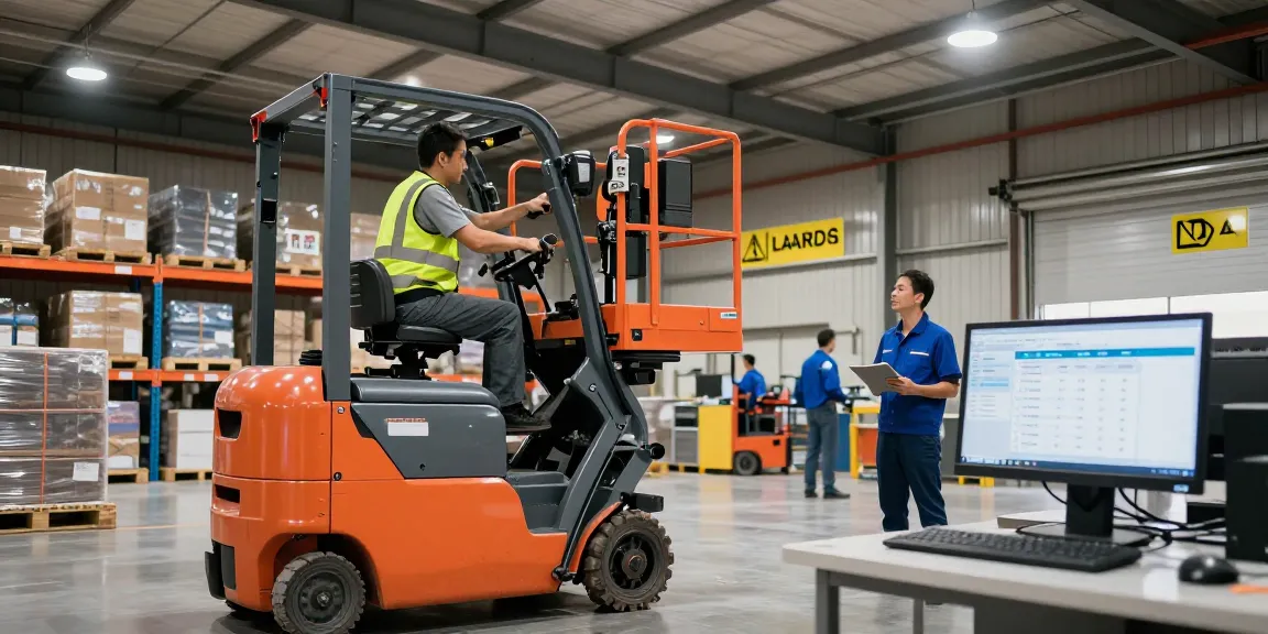 Electric scissor lift in a dynamic warehouse scene with an operator adjusting height for efficient material access.