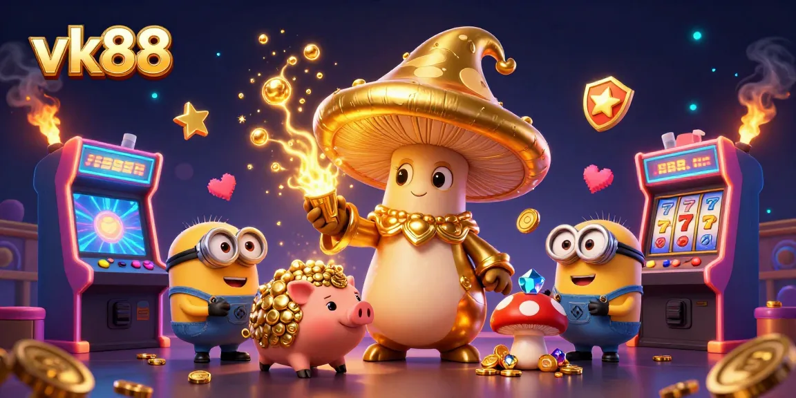 Experience the magic of vk88 as the golden mushroom wizard casts treasure spells in a vibrant casino scene.