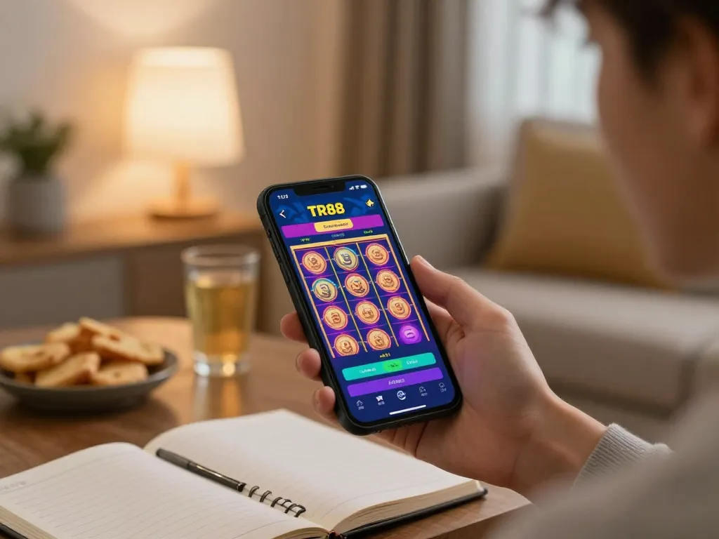 Player exploring TR88 casino app on smartphone in a cozy home setting, highlighting mobile gaming excitement