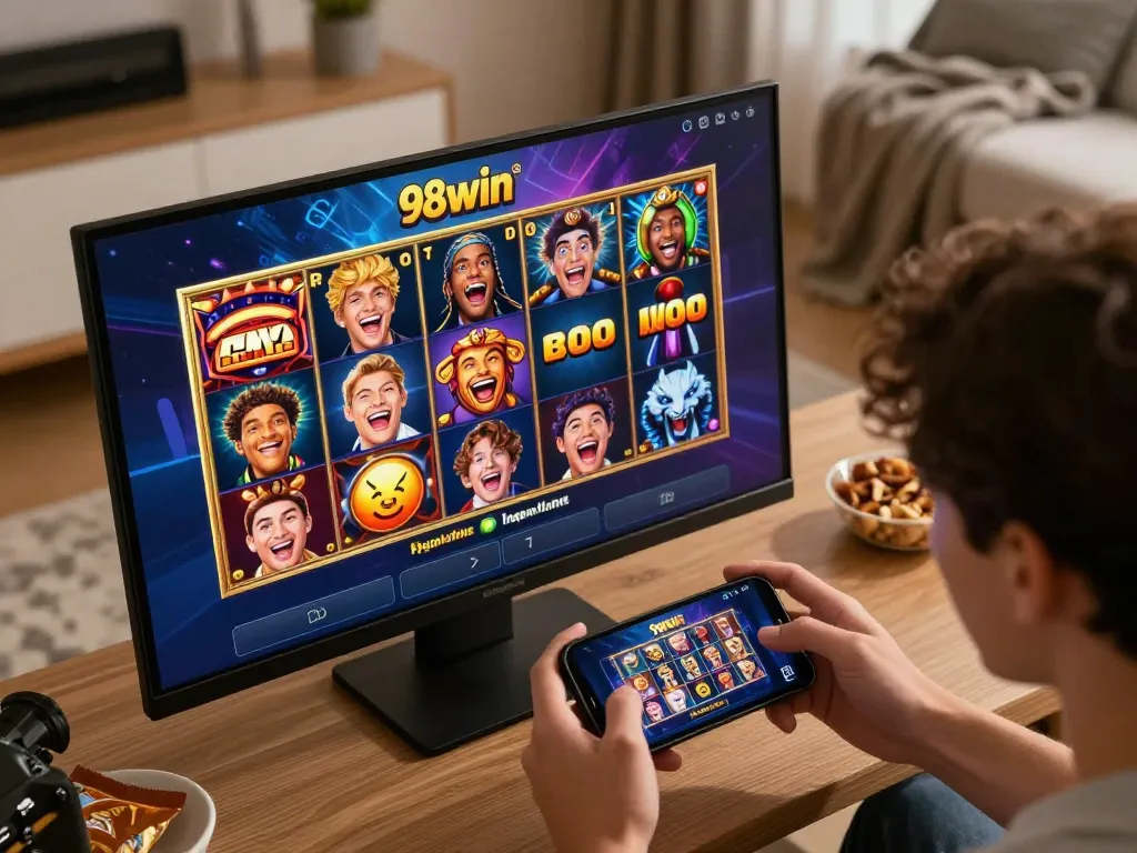 Player enjoying slots on the 98win app, showcasing online gambling excitement.