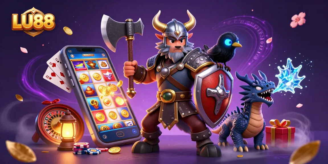 Engage with LU88's vibrant slot games featuring a Viking warrior and mystical dragon.