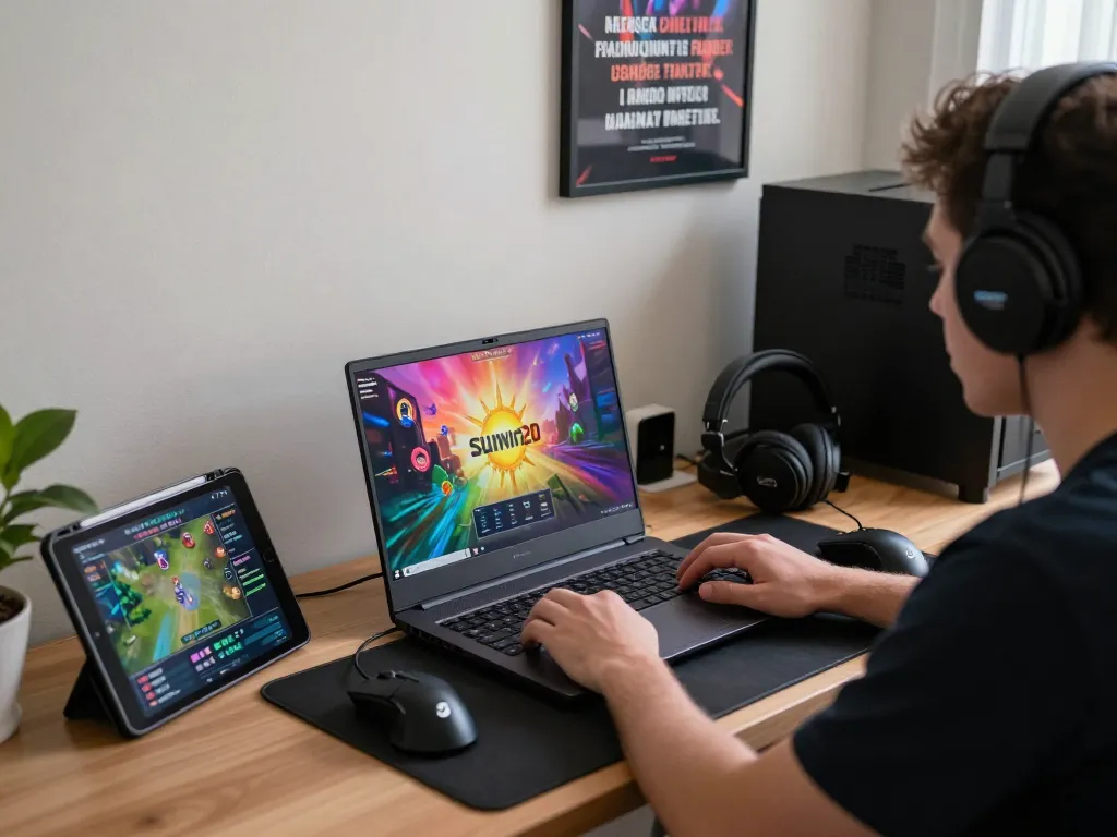 Immerse in the sunwin20 online gaming experience with a player engaged in a vibrant and cozy home setup.