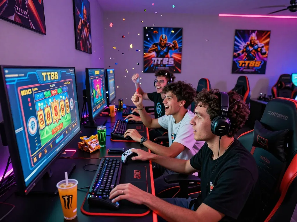 Friends excitedly playing TT88 online games surrounded by gaming gear and colorful lights.