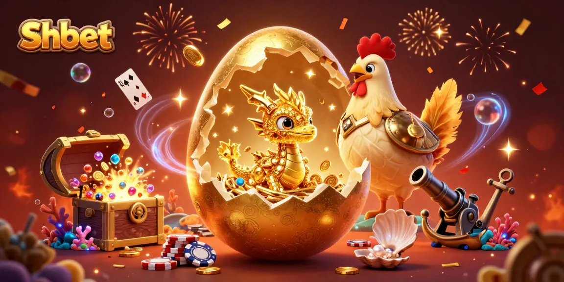 Shbet attracts players with a golden dragon revealed from eggs, amidst vibrant casino elements and excitement.