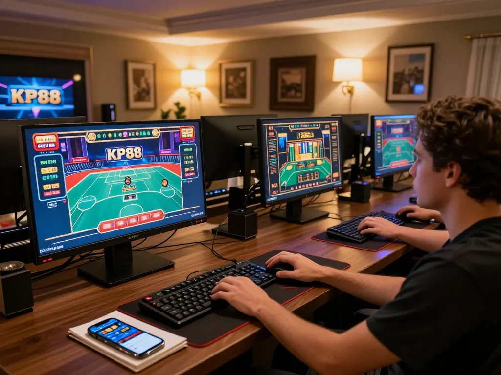 Player engaging with KP88 online casino screens in a stylish home office, showcasing live dealer games and strategic betting environment.