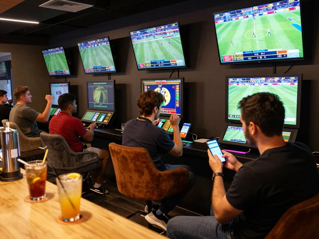 Soi keo nha cai in a lively sports betting lounge with excited patrons engaging in real-time betting