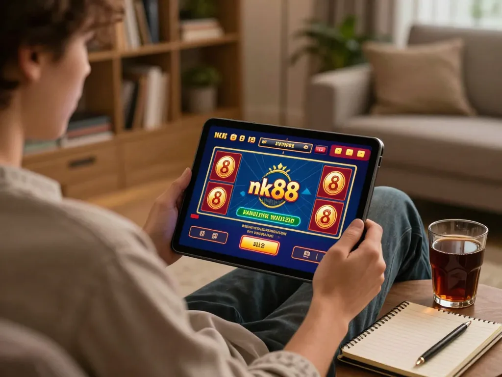 nk88 player engaged in online casino gaming on a tablet, cozy environment with strategic notes