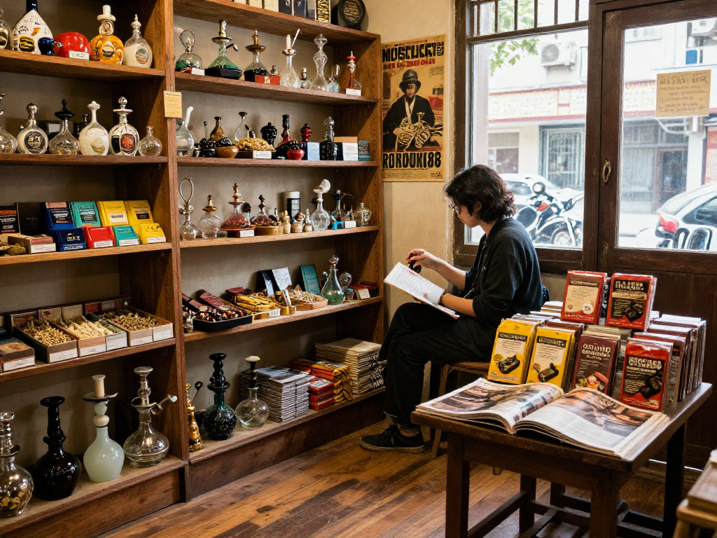 Browsing vibrant rokok88 products in a cozy smoke shop.