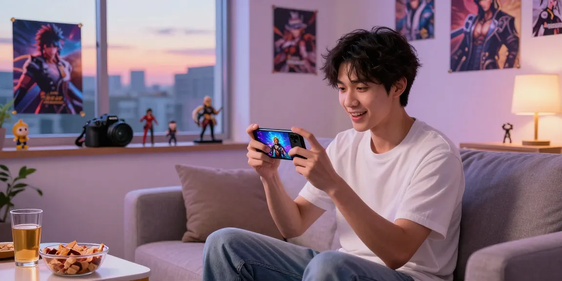 Enjoying a mobile hentai game in a cozy living room environment