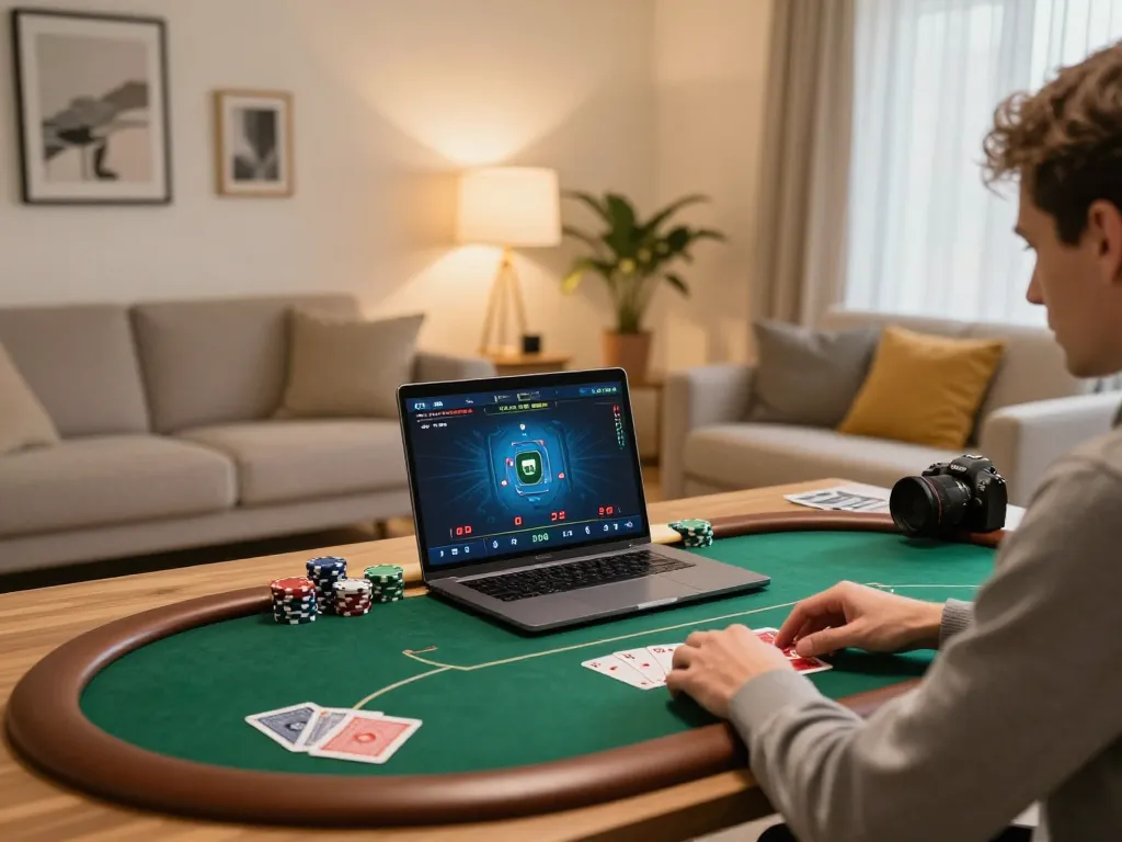 Engaging in online gaming on trang chủ lc88 from a cozy home office setup with poker action on display.