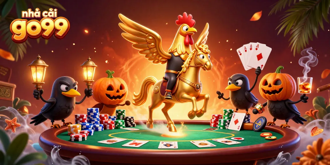 Engage in thrilling gameplay with nhà cái go99, featuring a golden rooster in a vibrant midnight casino.