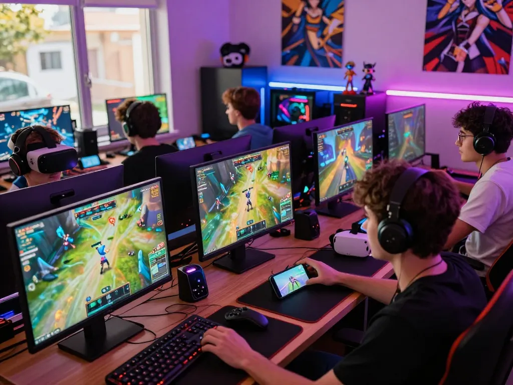 Players enjoying an anime porn game together, vibrant gaming setup with screens and accessories.