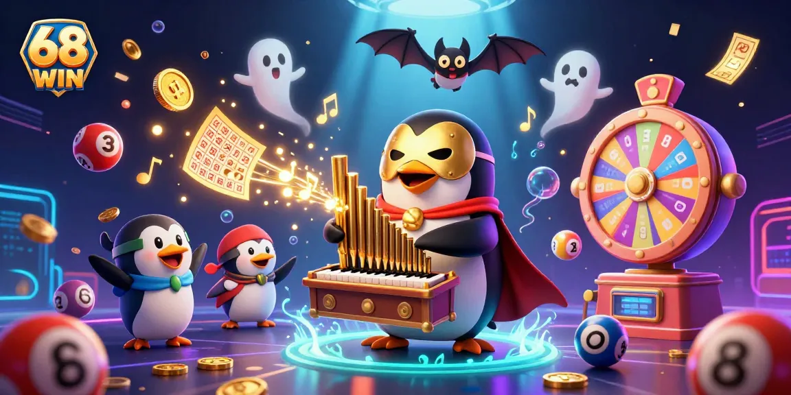 Experience the thrill of the 68 WIN casino with the ghostly charm of an opera penguin and dynamic lottery elements.