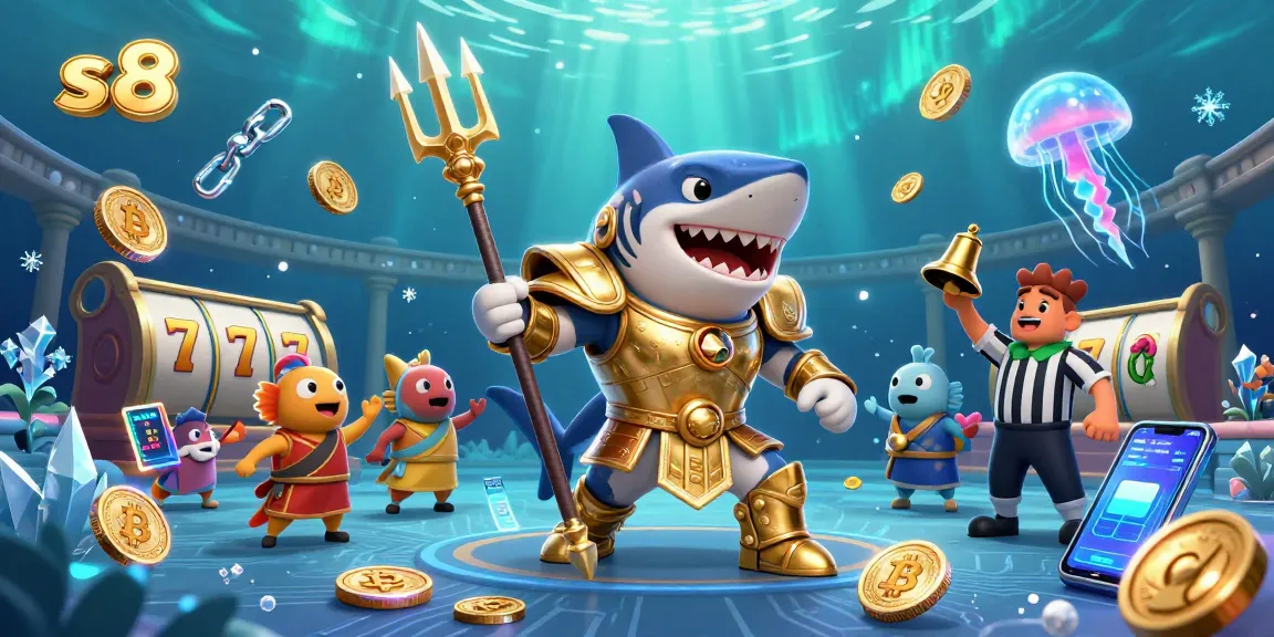 Experience exhilarating s8 gaming with a fierce tiger shark in gladiator armor amidst casino thrills in an underwater colosseum.