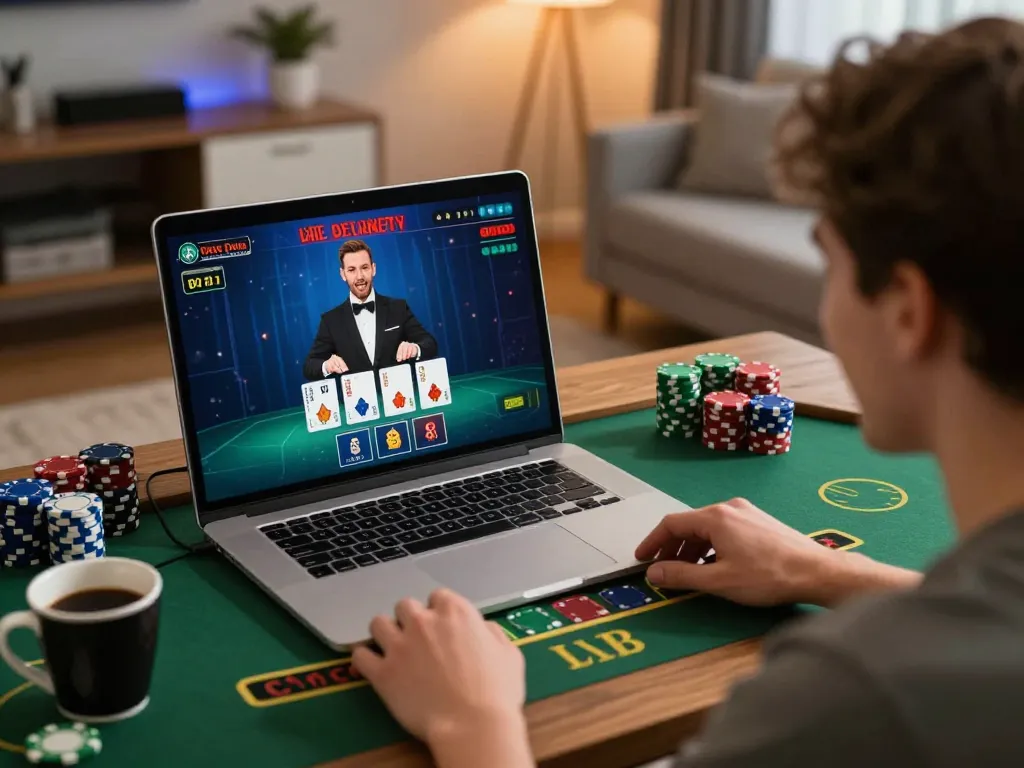 Player enjoying fun79 online casino blackjack session at home with vibrant setup