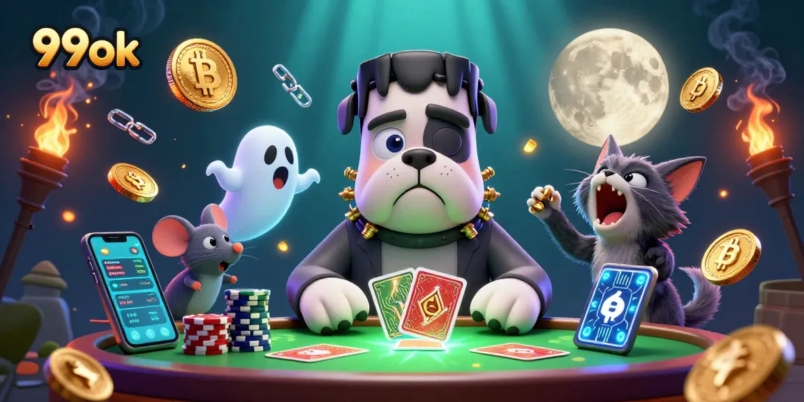 Engage with 99ok's thrilling card games amidst a fun atmosphere featuring whimsical characters.