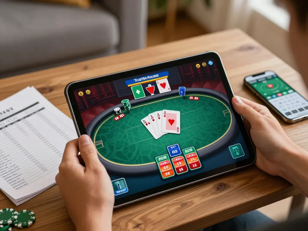 Engaging gameplay on link 789win poker app on tablet, featuring strategic betting options.