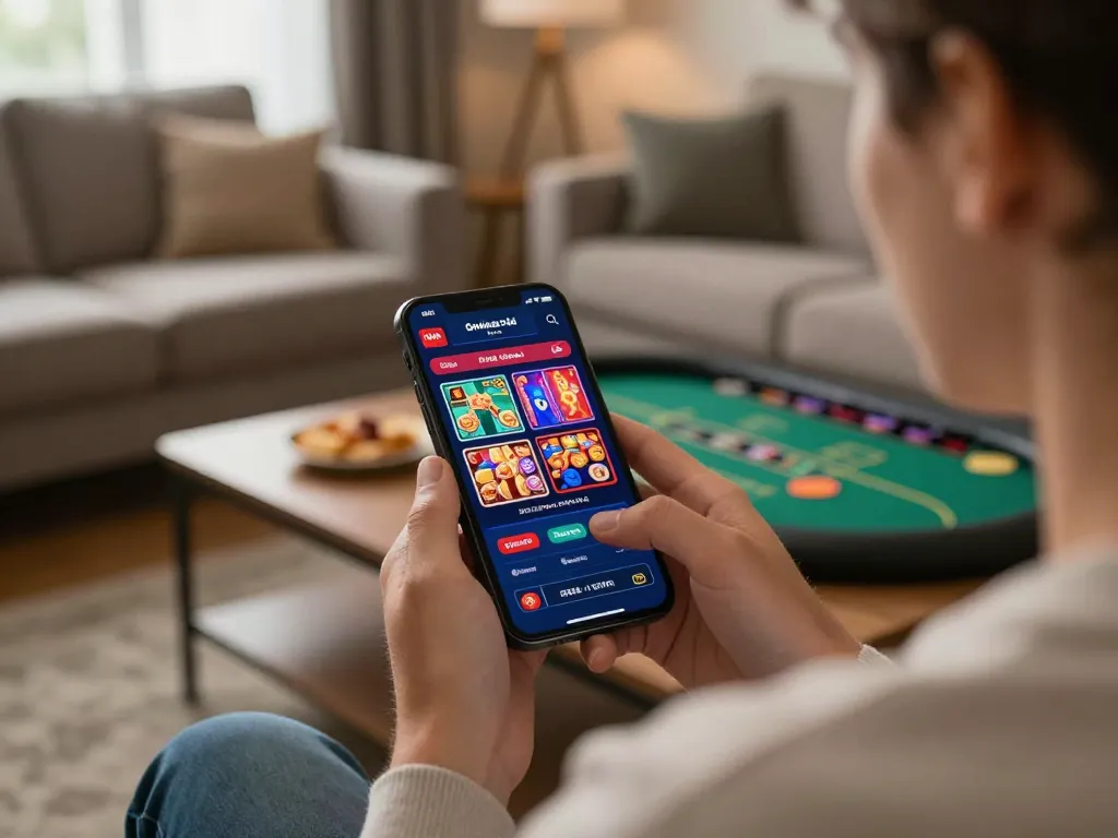 Engaging with casino slot games on a smartphone using 88aa com in a cozy home environment