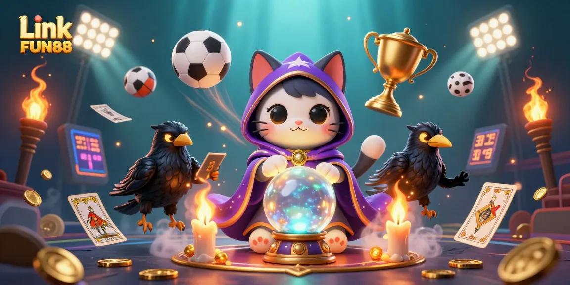 Experience thrilling betting with Link FUN88, a vibrant illustration showcasing dynamic sports elements and magical characters.