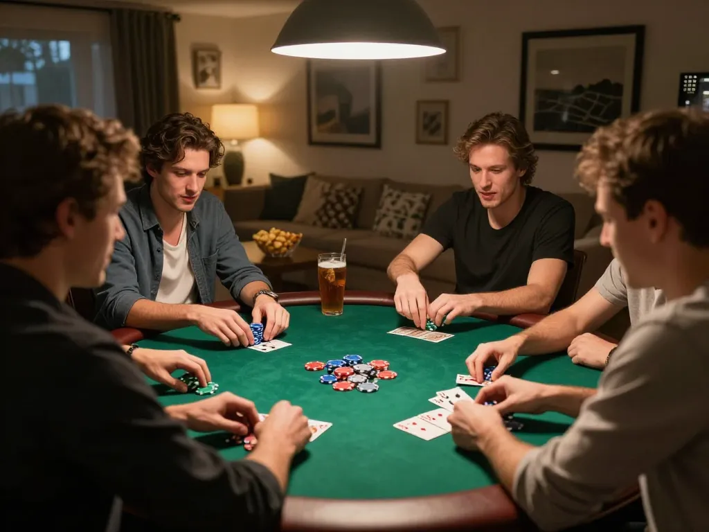 Friends playing poker at home, engaging in strategy and excitement, showcasing lc88's gaming experience.