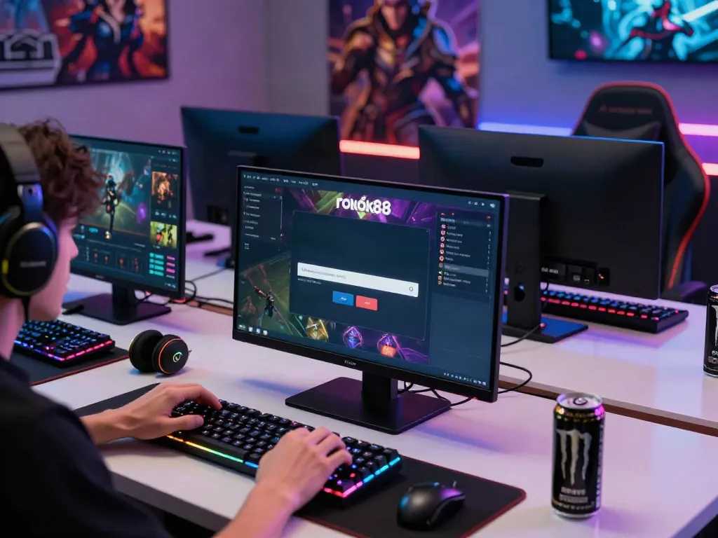 Engaging online gaming experience showcasing rokok88 login on multiple screens with vibrant graphics and gaming gear.