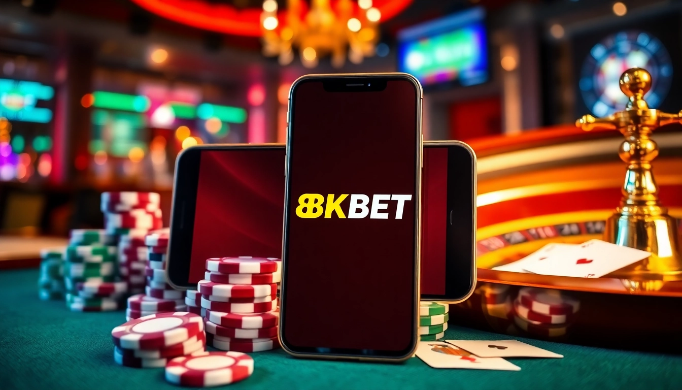 Experience the excitement of tải app 8kbet on sleek mobile devices amidst a vibrant casino ambiance.