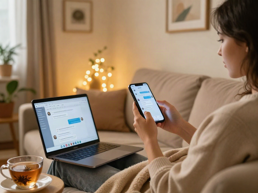 Person using sexting AI on smartphone in cozy room with warm ambiance.