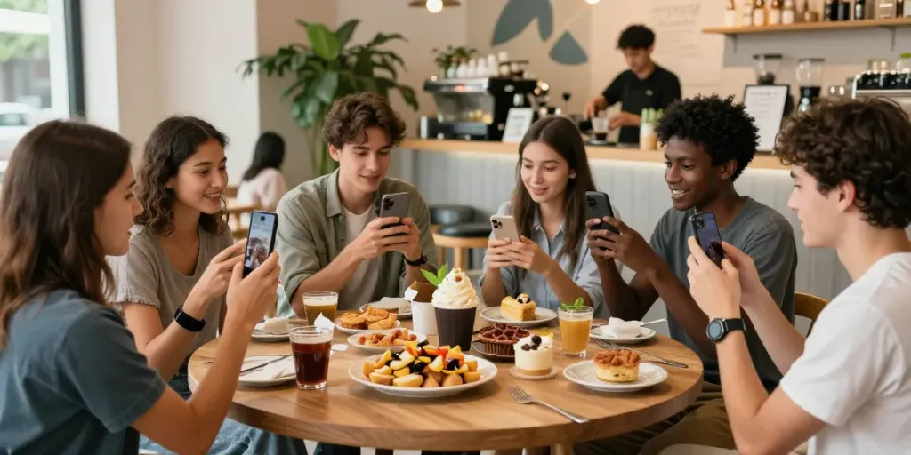 Friends enjoying rokok88 moments in a trendy café setting with diverse snacks.
