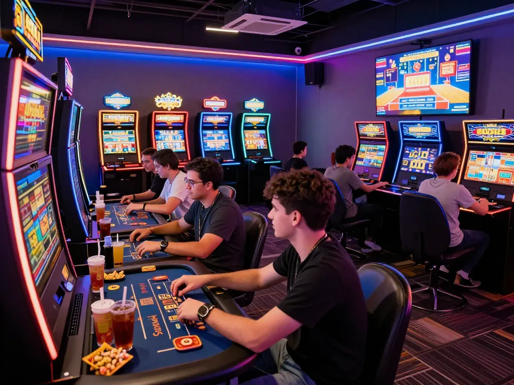Nohu90 gaming lounge filled with friends enjoying slots and table games.