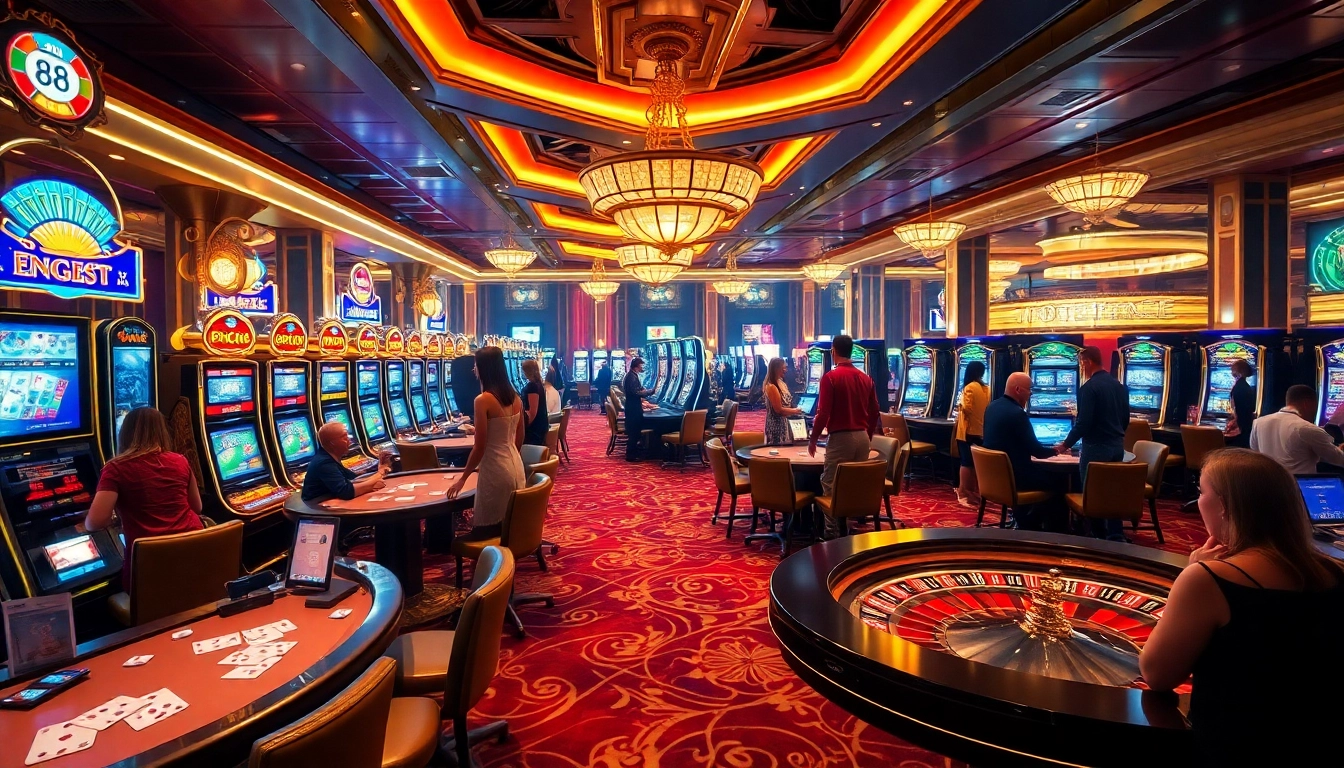 Exciting casino experience at five 88 with vibrant slot machines and poker tables in a luxurious setting.