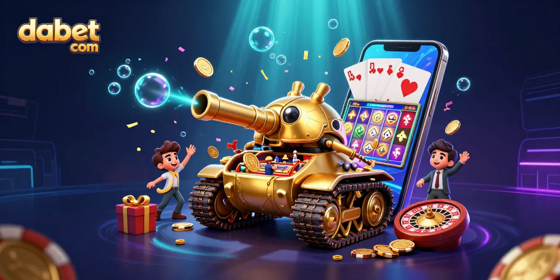 Experience the excitement of dabet com with a dynamic casino scene featuring a golden beetle tank and vibrant game elements.