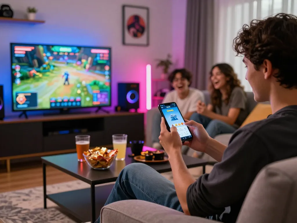 Tải Go88 app on smartphone in a vibrant gaming lounge with friends.