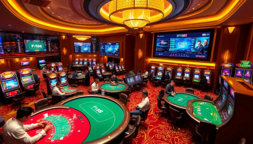Action-packed gaming scene at F168 casino with players engaging at tables and machines.
