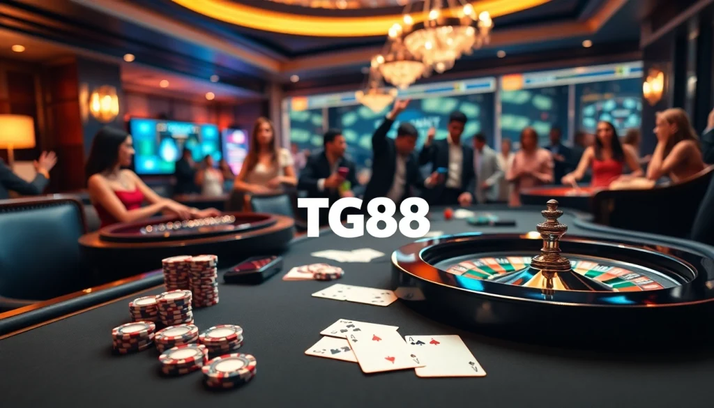 Engaged gamblers enjoying their experience at TG88's lavish casino table with poker chips and cards.