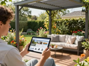 Personalizzare un configuratore pergole 3D per un design di patio moderno con un giardino vibrante e luce solare.