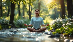Meditating person surrounded by nature, promoting calmness from stress and anxiety.