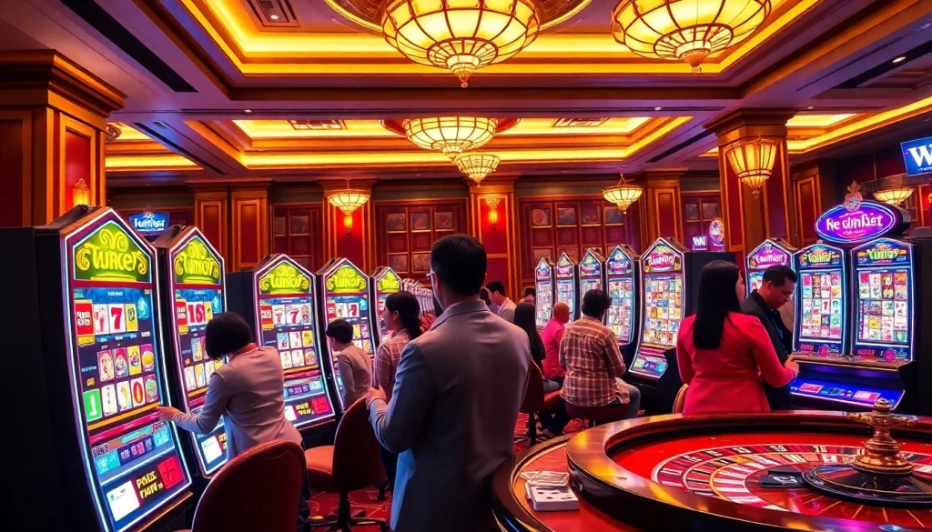 Nổ hũ lu88 slot machines attracting enthusiastic players in a vibrant casino setting
