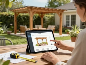Engaging with a software configuratore pergole to design a custom pergola in a sunny backyard atmosphere.