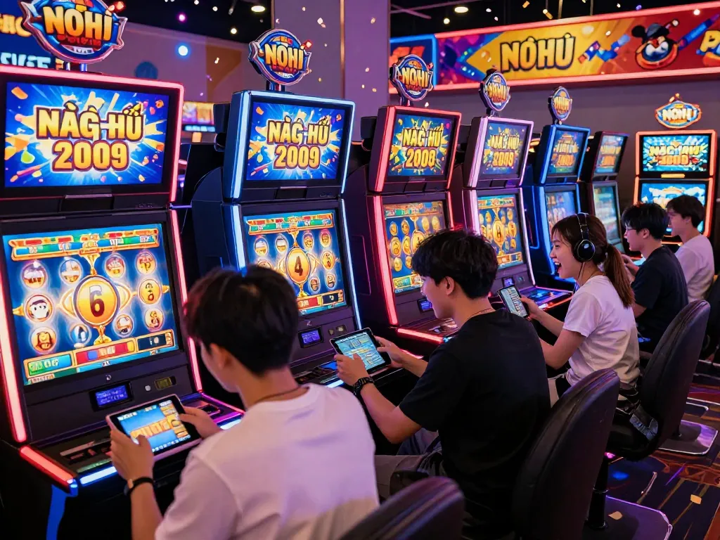 Nổ hũ đổi thưởng players enjoying an exciting game session in a vibrant online casino atmosphere.