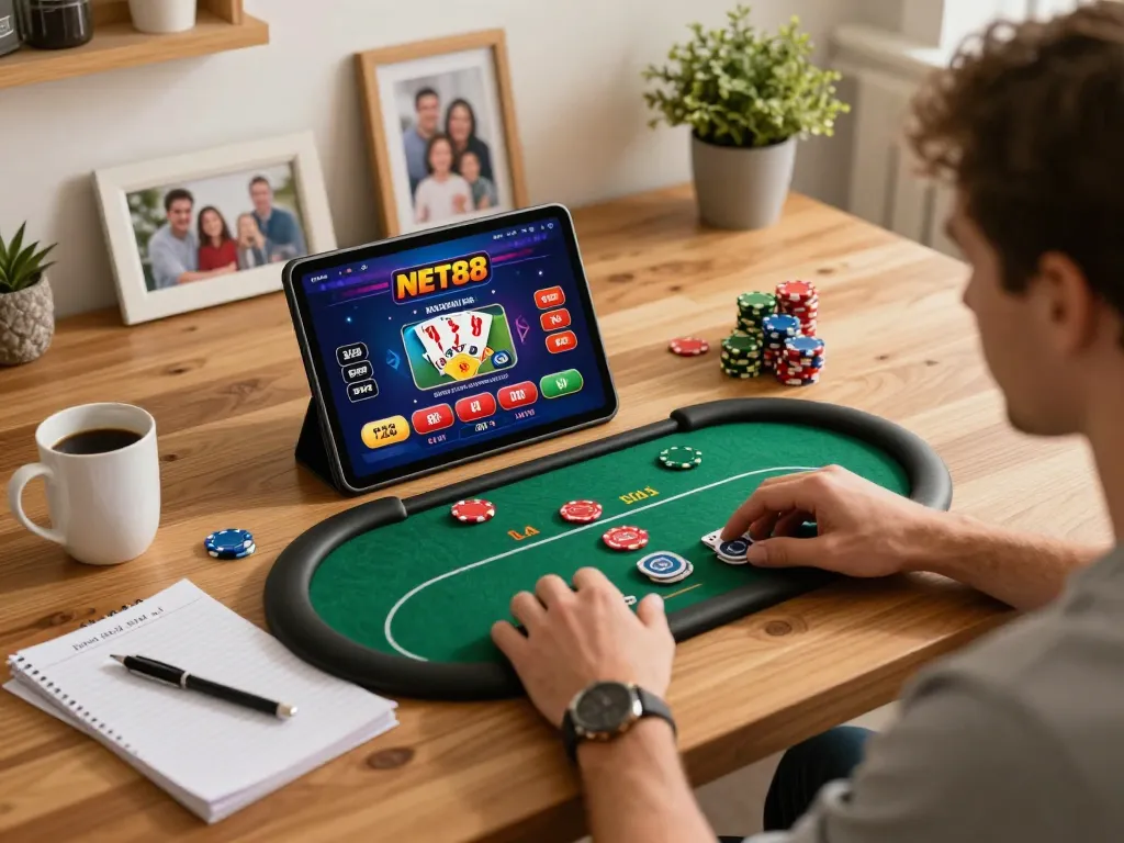 Player engaging with NET88 online poker game on tablet at home with notes and coffee