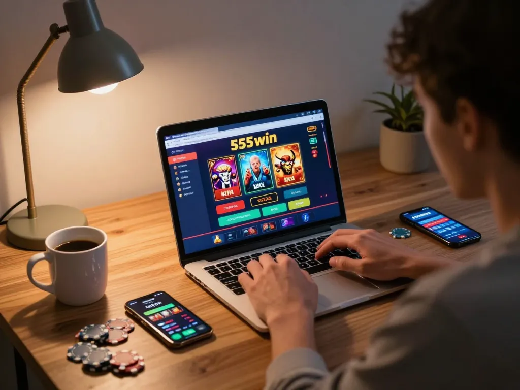 Engaged player using 555win on laptop for online gaming, showcasing a strategic betting approach.