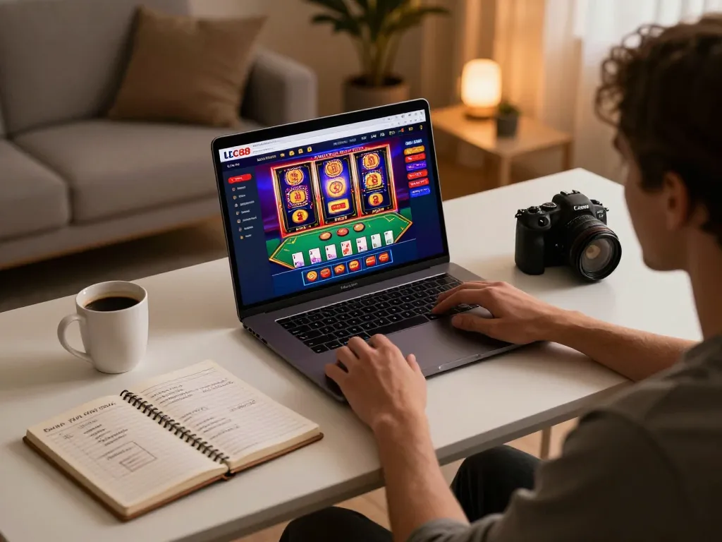 Engaging in online casino gaming on LC88 with vibrant graphics and strategic notes