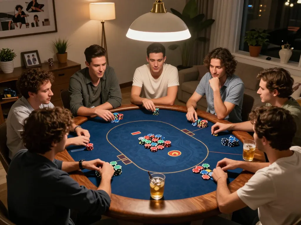Players enjoy a lively poker game at home, showcasing strategic gameplay with LC88 highlights.