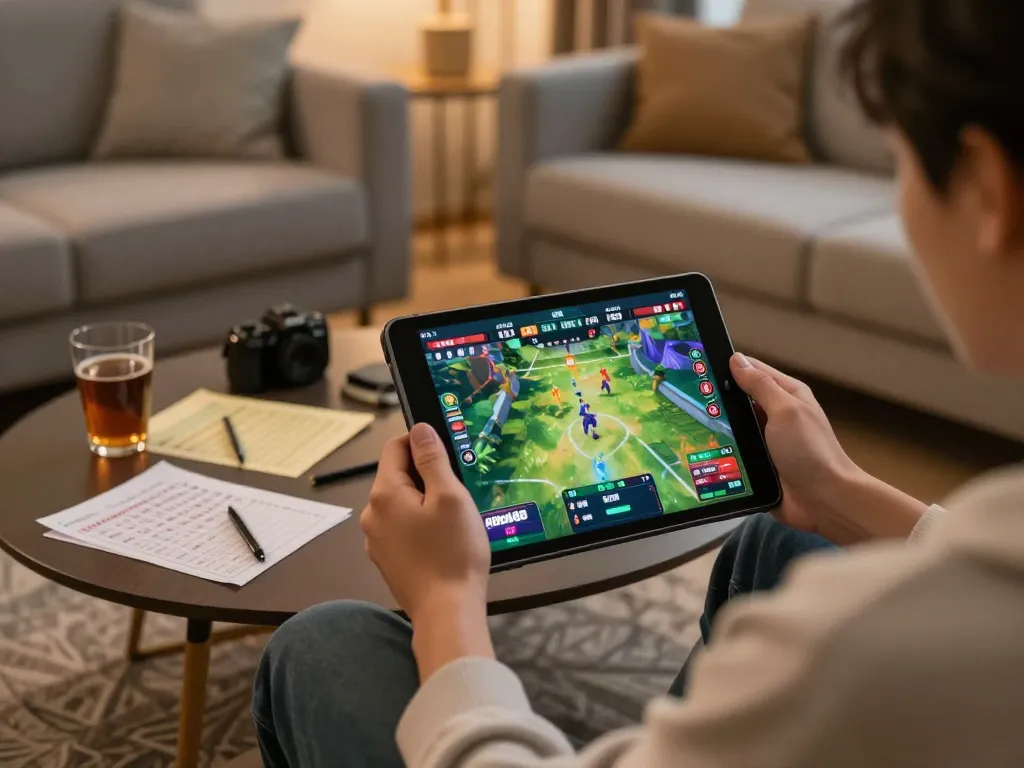 Engaging with open88 sports betting app on a tablet, showcasing real-time game stats and strategy notes.