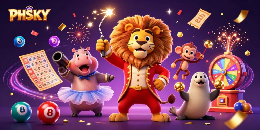 PHSKY vibrant casino experience with circus characters and lottery elements creating excitement.